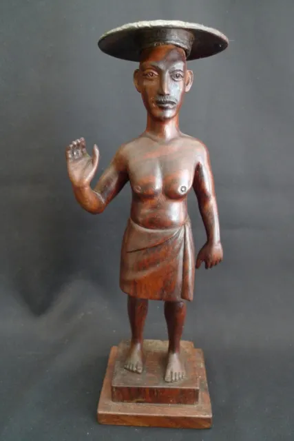 Vintage Hand Carved Dark Wood Sculpture Figurine Male Tribesman W/ Hat Base