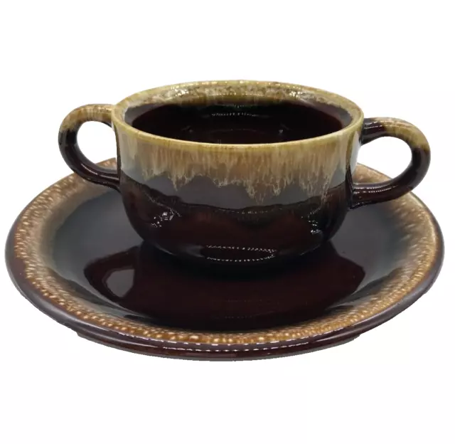 (1) McCoy Two Handle Soup Bowl Mug Cup Brown/Cream Pottery Drip Glaze with Plate