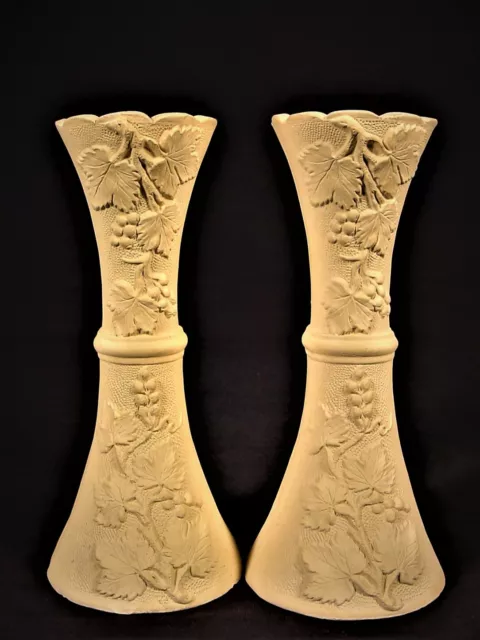 VERY RARE ANTIQUE 1800s PAIR of GRAPE VINE VASES CANE CANEWARE YELLOW WARE