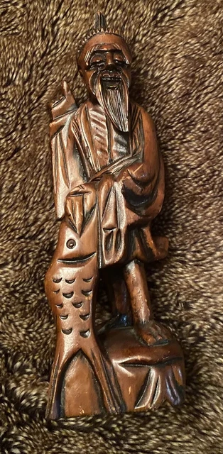 Asian Hand carved Rosewood happy fisherman.  1900s Few Scrapes Shown Antique