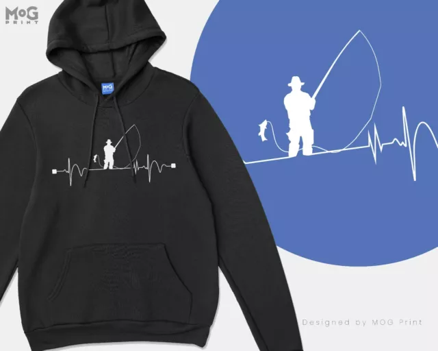 Fishing Heart Pulse Hoodie Funny Fisherman Gift Dad Grandad Fish Angling Jumper