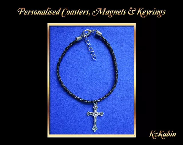 Cross Crucifix Charm on Black Faux Leather Braided Cord Bracelet Birthday Gift