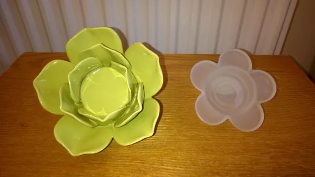 PAIR Tea Light Holders Ceramic Green Lotus Flower & Frosted Glass Flower