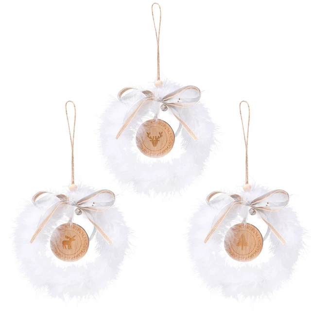 3Pcs Weihnachten weiße Feder Rattan Bogen Glocke Kranz Holz hängende Dekoratione