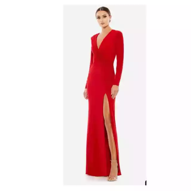 Mac Duggal Jersey Long Sleeve asymmetrical Ruched high slit Gown. Size 6 style