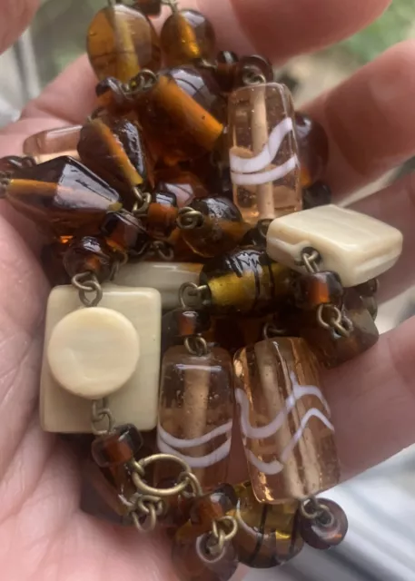 Vintage Art Deco Style Murano Czech Amber & Milk Agate Glass Swirls Necklace 2