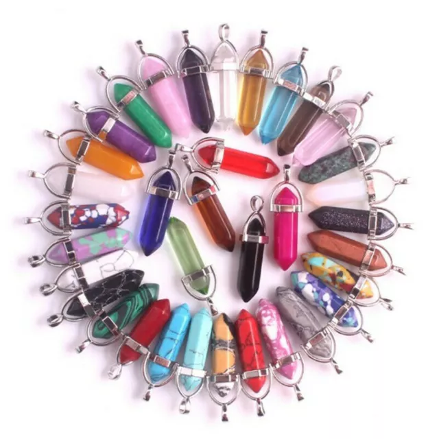 Natural Gemstone Quartz Crystal Hexagonal Point Reiki Chakra Pendant Necklaces 3