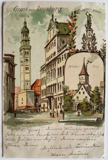 AK Gruss aus Augsburg 1898 Rathaus Perlachthurm