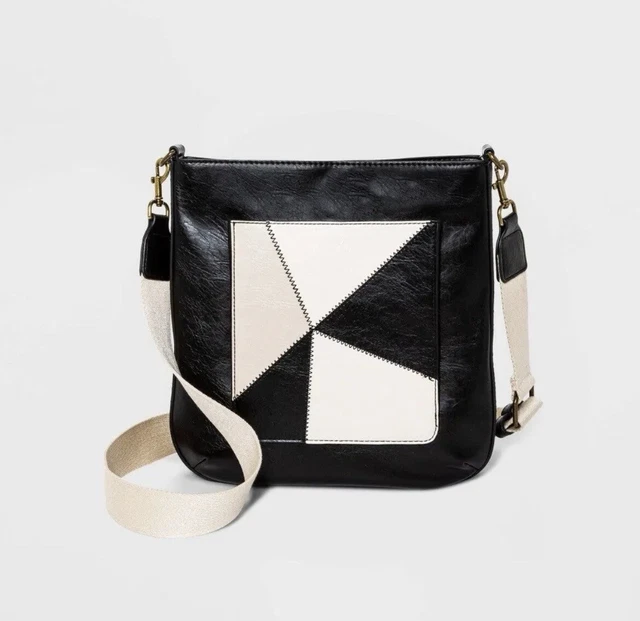 Color Block Faux Leather Black And Cream Stitched Styled Cross Body Bag