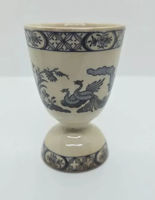 Antique Double Egg Cup Blue Willow Transfer Ware Style Peacocks