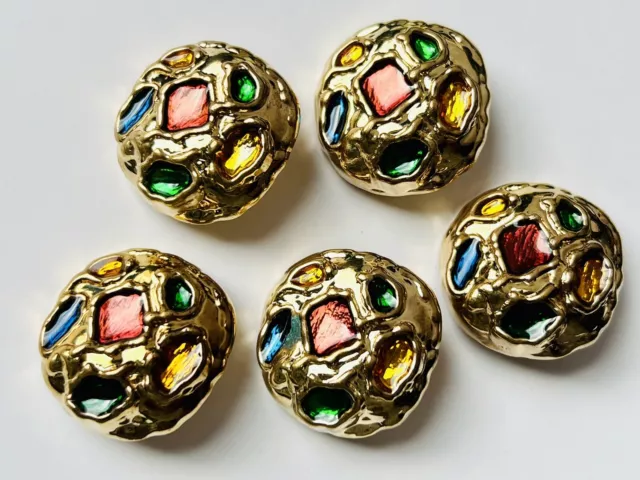 5pcs Vintage 1980s Chunky Brutalist Style Buttons Hammered Gold Epoxy Gems 30mm