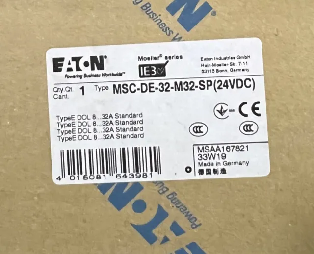 EATON MSC-DE-32-M32-SP 24VDC Manual Motor Starter Protector XTFCE032BCCSTD