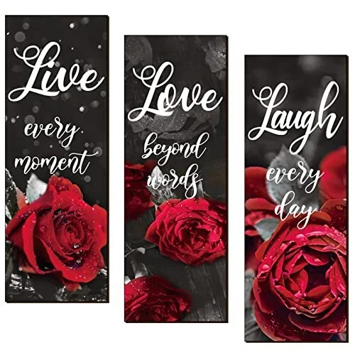 3 Pieces Red Rose Rustic Wood Sign Wall Decor Live Love and Laugh Quote Sign