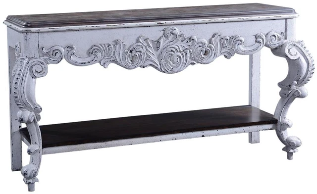 Console Baroque Rococo Carved Distressed White Solid Wood, Oak Parquet Top
