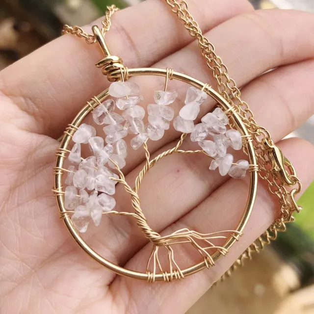 Rock Quartz Gem Tree Of Life Water-Drop Necklace Chakra Reiki Healing Amulet