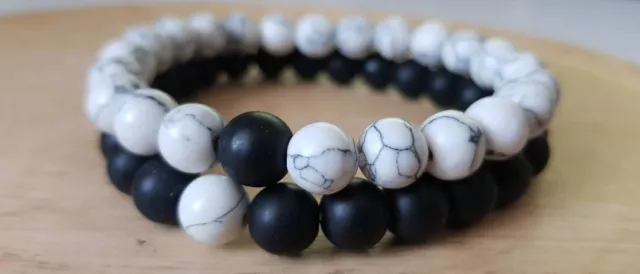 ♥ bracelet de couple howlite blanche/agate noire - bracelet de distance ♥