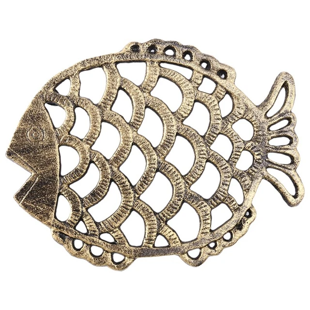Trivet de hierro fundido para peces, patrón decorativo vintage de 7,5 x 6 pulgadas para utensilios de cocina y W2U5