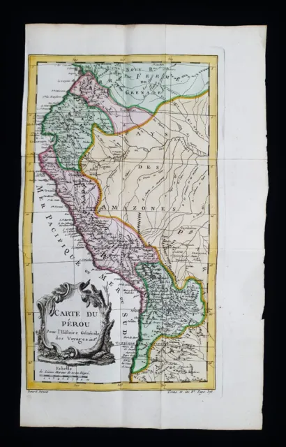 1754 BELLIN: rare Map of SOUTH AMERICA, PERU, LIMA, CUZCO, PUNO, ATLANTIC OCEAN