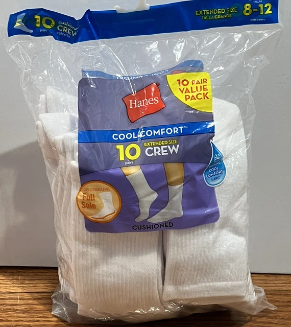 Hanes Womens White Cool Comfort Cushioned Crew 10 Pack Extended Size 8-12