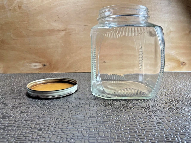 Vintage  Hoosier Cabinet Style Glass Square Canister Ribbed Corners Jar w Lid 4