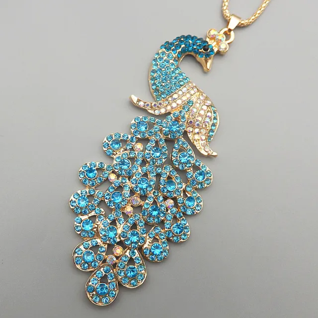 AB Blue Crystal Rhinestone Big Peacock Pendant Betsey Johnson Long Necklace