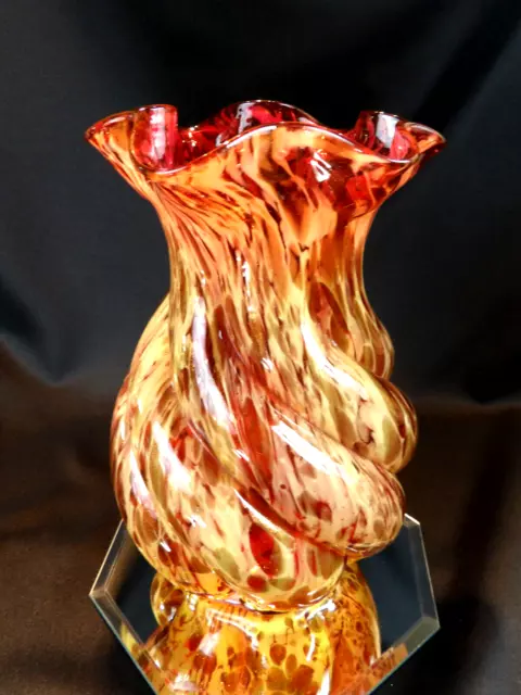 Hobbs Brockunier Art Glass Cranberry Optic Swirl Splatter Vase with Mica 10"