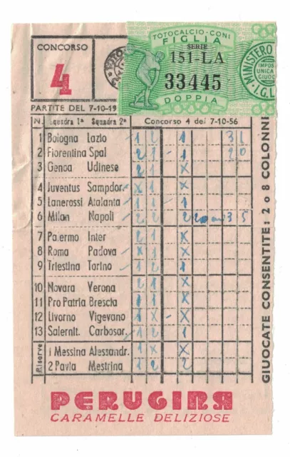 Schedina Totocalcio Coni pubblicità Perugina anno 1956/1957 n. 04