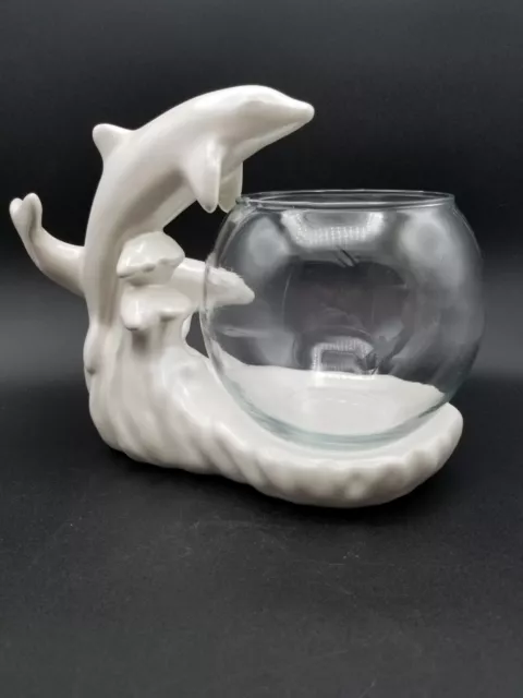 Haeger Pottery White Pearlescent Dolphins Sculpture With Glass Bowl 2000