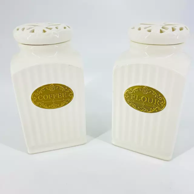 THL Classic FLOUR Canister Ribbed with Scrolls Off-White with Silver Label