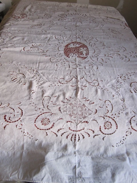 Dessus De Lit Ancien En Lin Blanc – Dentelle Au Crochet – 210x240 Cm – France