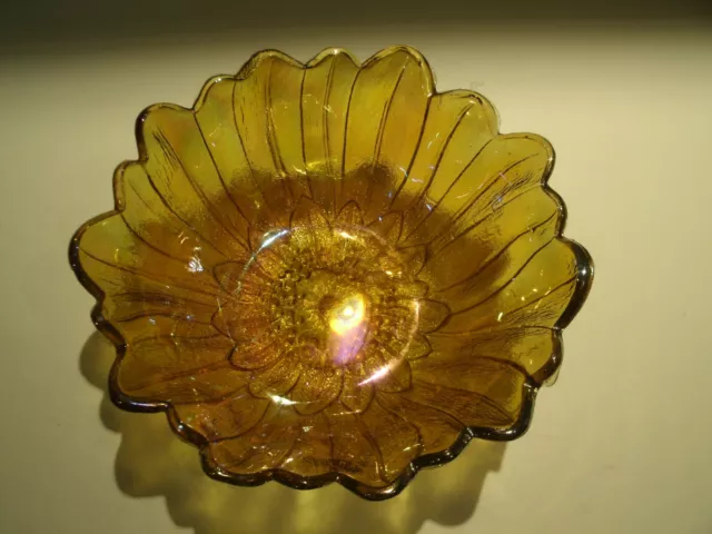 Vtg Indiana Iridescent Carnival Glass Lily Pons Amber Marigold Bowl 7 1/4" dia.