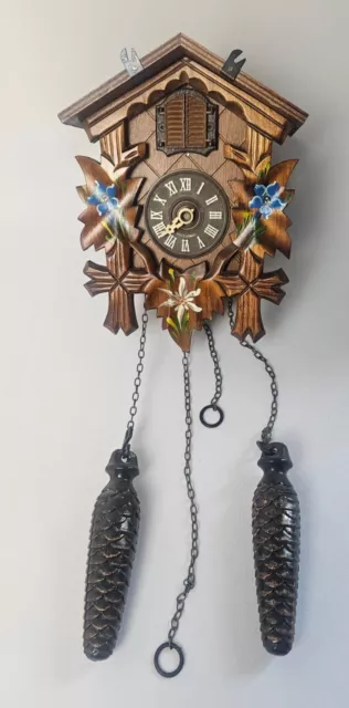 German Cuckoo Clock Engstler Carved Wood READ Painted Flowers Leaf Cross Works