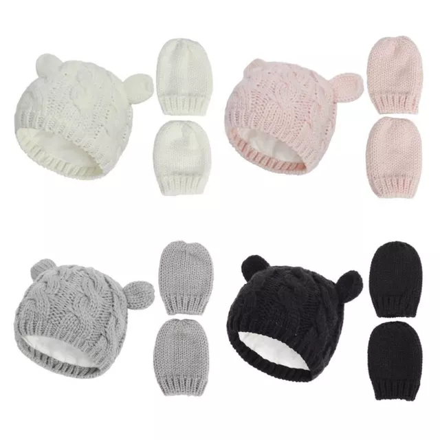 Baby Kids Girls Boys Winter Warm Knit Hat Ear Solid Warm Cute Glove 2pcs Lovely