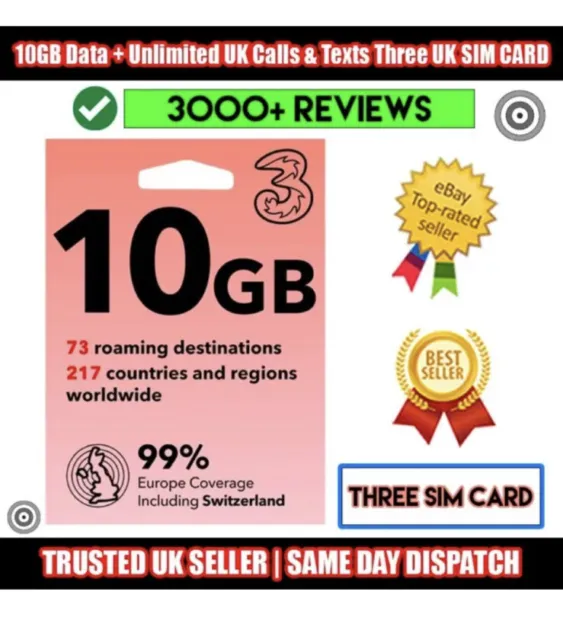 10GB Data Three sim card Pay As You Go With Unlimited Mins & Texts Preloaded Sim