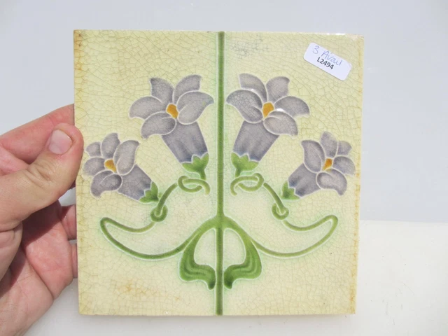 Antique Ceramic Tile Vintage Floral Art Nouveau Flowers Old Leaf