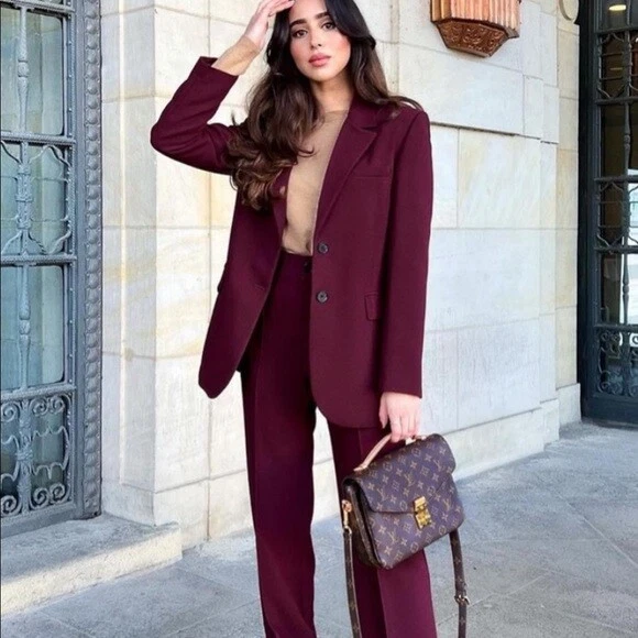 New Zara Straight Cut Blazer Wine Womens Size S Button Front Jacket Lapel Collar