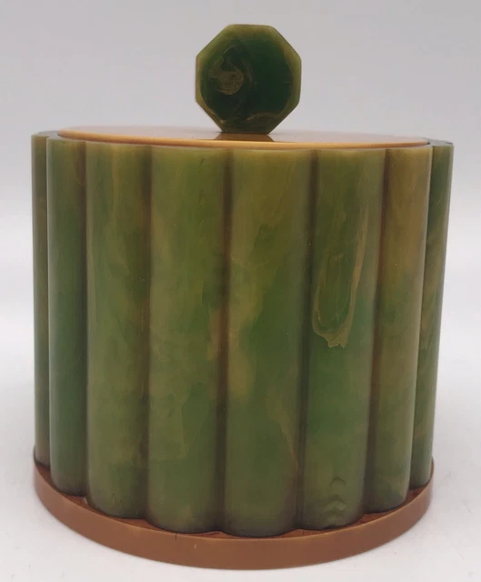 ART DECO CATALIN Bakelite Round Box Hexagon Finial, Green & Yellow ...