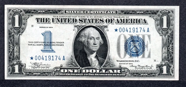 RARE STAR 1934 $1 One Dollar Silver Certificate Blue Seal, Gem Uncirculated