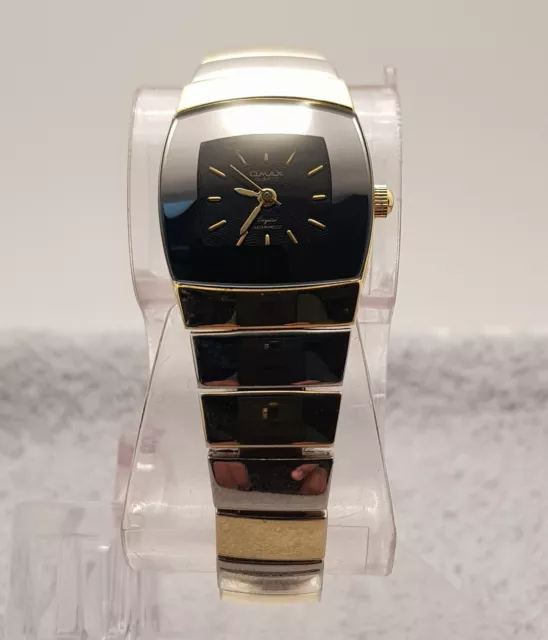 Omax Quartz Women Watch Black Dial Stainless Steel Gold Silver Band NEW BATTERY