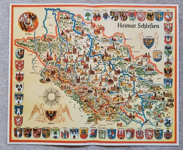 Ostdeutsche Heimat Schlesien Landkarte Karte Bild Wappen Poster Grüger Antik RAR