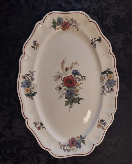 Grand Plat Ovale Ancien – Décor Bleuté Libellule Et Blé – Terre De Fer – Céramique