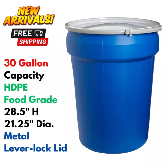 30Gal Plastic Barrel Drum w Air/Water Tight Lid for Food Storage Dust Collection