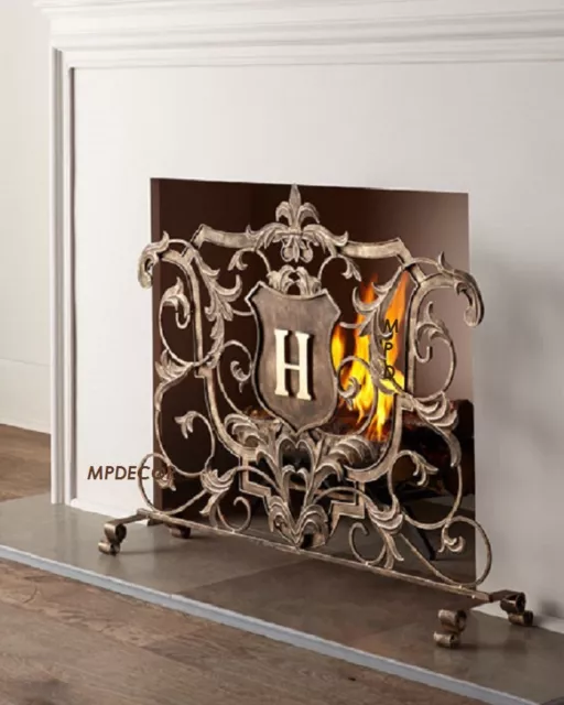 Monogram Fireplace Fire Screen French Tuscan Fleur De Lis Shield Acanthus Leaf