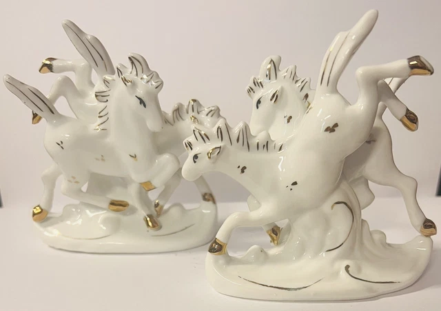 Set Of Vintage Two Running Horses Figurine, White Porcelain With Gold Gilt