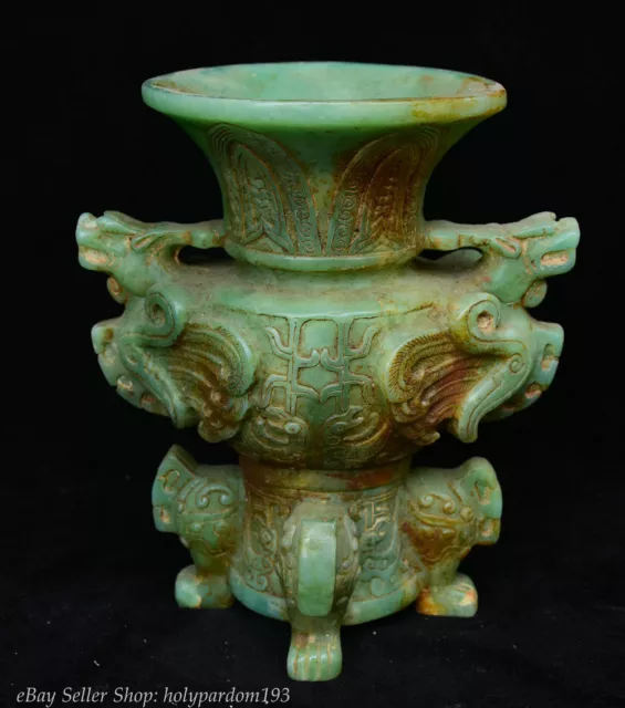 8" Chinese Natural Old Green Jade Jadetie Carved Palace Beast Pot Bottle Vase