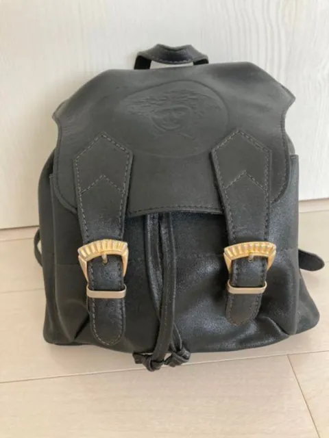 GIANNI VERSACE Backpack Rucksack Medusa Black Leather Gold MetalFittings Vintage