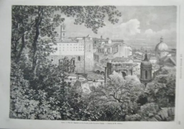 GRAVURE SUR BOIS 19ème ROME VUE DU CAPITOLE ET DU FORUM PRISE DU MONT PALATIN