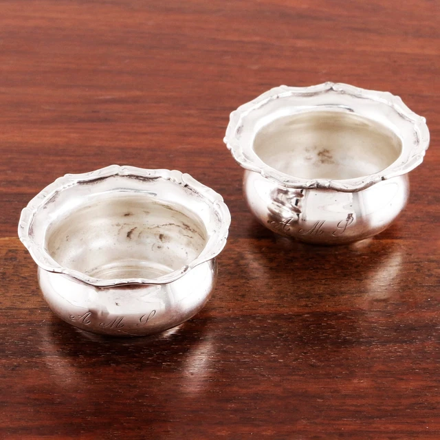 2 Howard Victorian Sterling Silver Salt Cellars Ruffled Rim Monogram Ams