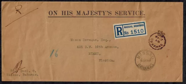 Bahamas 1937 OHMS Registered Cover w/SINGLE RING CROWN CIRCLE RARE