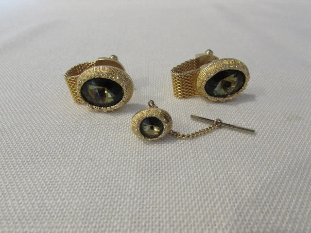Vintage Swank Gold Tone Mesh Topaz Cufflinks & Tie Tack Set w/Faceted Stones
